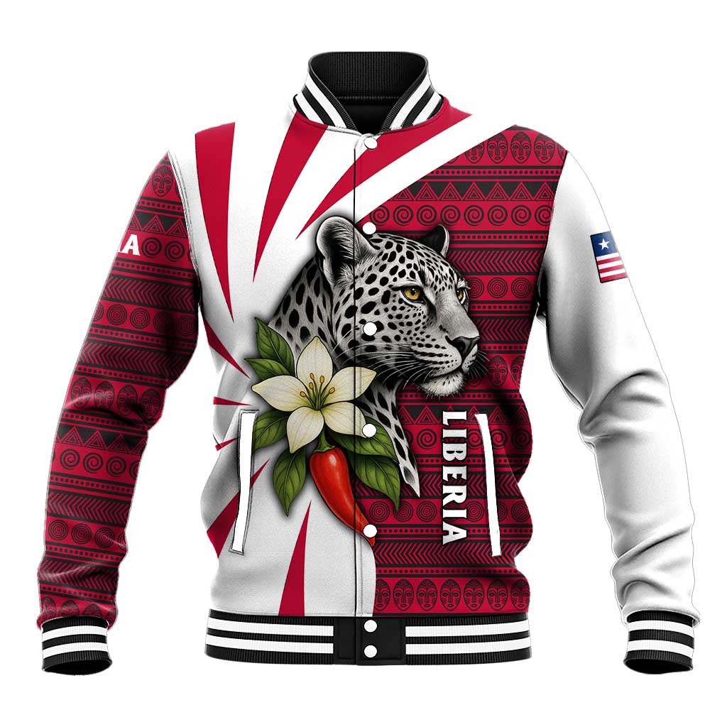 Liberia Baseball Jacket with Leopard Head, White Lily, and Red Chili Tribal Design - Wonder Print Shop