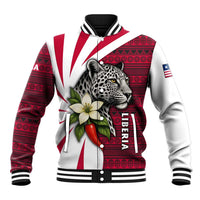 Liberia Baseball Jacket with Leopard Head, White Lily, and Red Chili Tribal Design - Wonder Print Shop