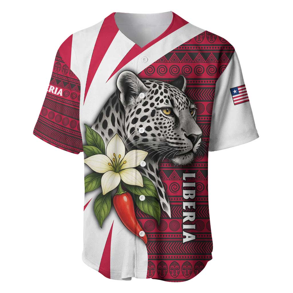 Liberia Baseball Jersey with Leopard Head, White Lily, and Red Chili Tribal Design - Wonder Print Shop