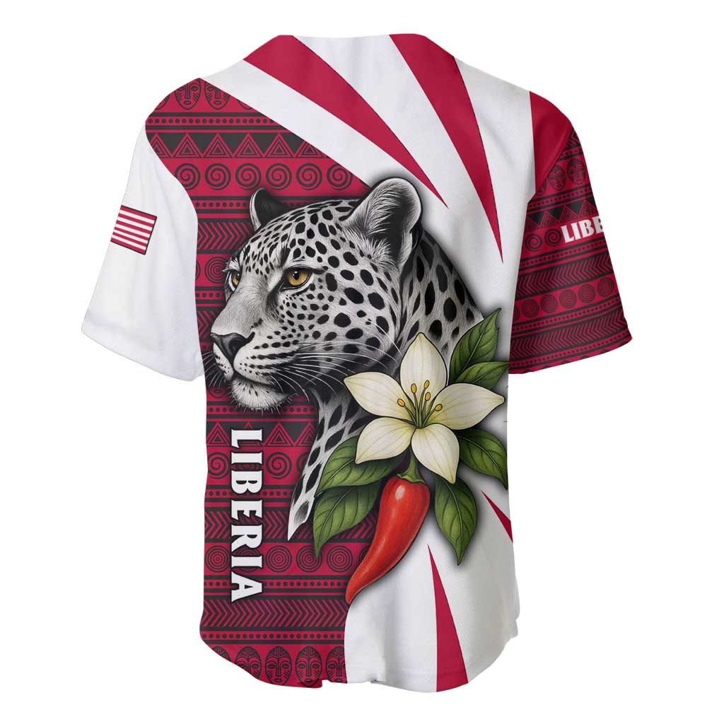 Liberia Baseball Jersey with Leopard Head, White Lily, and Red Chili Tribal Design - Wonder Print Shop
