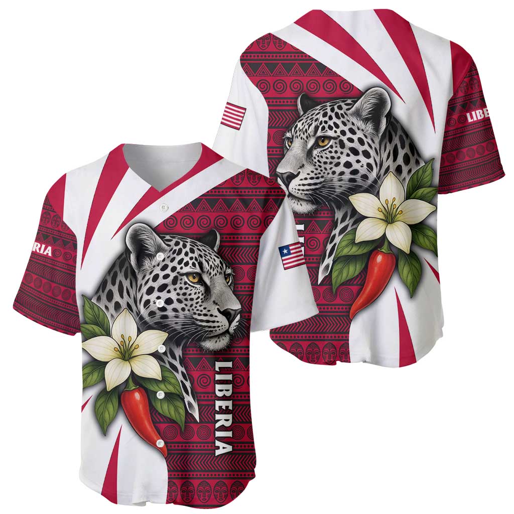 Liberia Baseball Jersey with Leopard Head, White Lily, and Red Chili Tribal Design - Wonder Print Shop