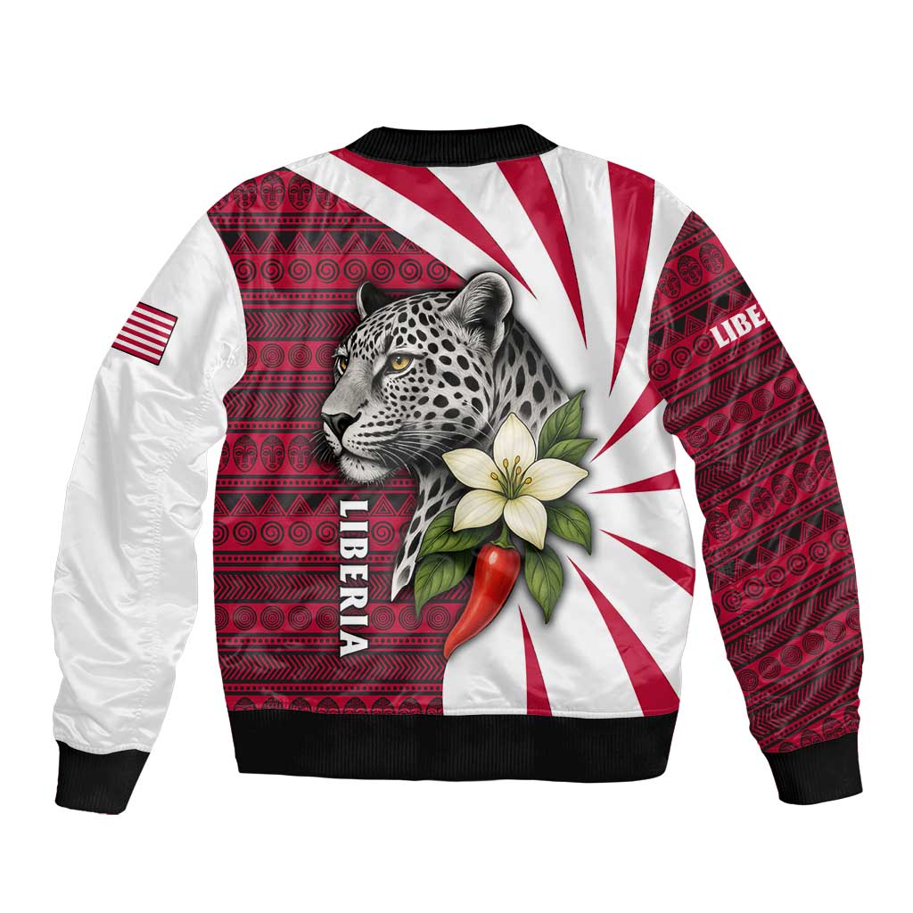 Liberia Bomber Jacket with Leopard Head, White Lily, and Red Chili Tribal Design - Wonder Print Shop