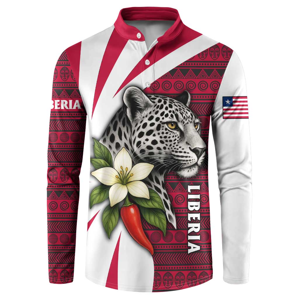 Liberia Button Sweatshirt with Leopard Head, White Lily, and Red Chili Tribal Design - Wonder Print Shop