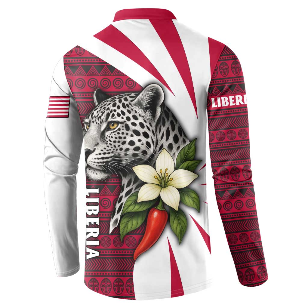 Liberia Button Sweatshirt with Leopard Head, White Lily, and Red Chili Tribal Design - Wonder Print Shop