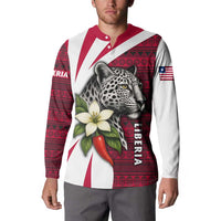 Liberia Button Sweatshirt with Leopard Head, White Lily, and Red Chili Tribal Design - Wonder Print Shop