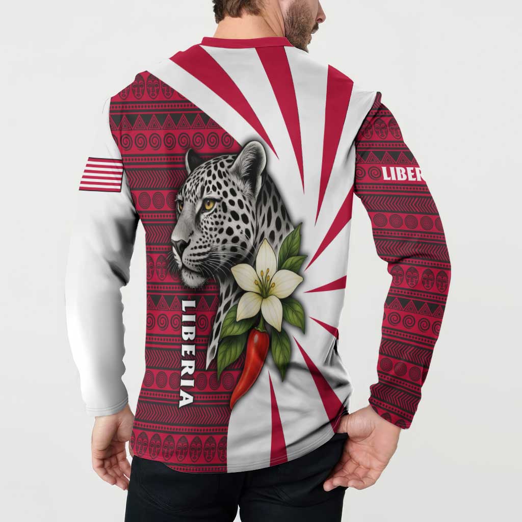 Liberia Button Sweatshirt with Leopard Head, White Lily, and Red Chili Tribal Design - Wonder Print Shop