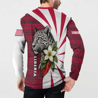 Liberia Button Sweatshirt with Leopard Head, White Lily, and Red Chili Tribal Design - Wonder Print Shop
