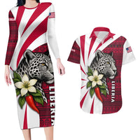 Liberia Couples Matching Long Sleeve Bodycon Dress and Hawaiian Shirt with Leopard Head, White Lily, and Red Chili Tribal Design - Wonder Print Shop