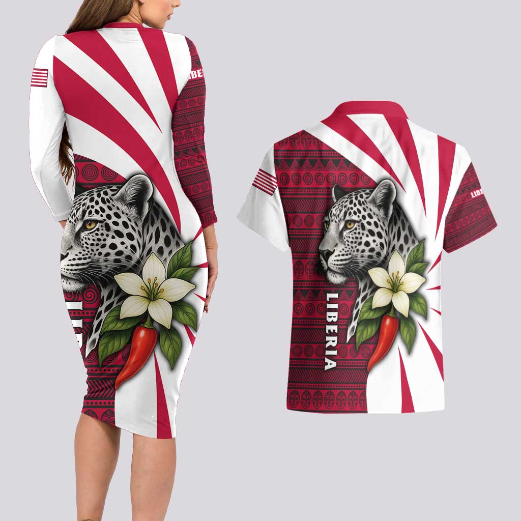 Liberia Couples Matching Long Sleeve Bodycon Dress and Hawaiian Shirt with Leopard Head, White Lily, and Red Chili Tribal Design - Wonder Print Shop