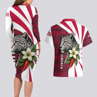 Liberia Couples Matching Long Sleeve Bodycon Dress and Hawaiian Shirt with Leopard Head, White Lily, and Red Chili Tribal Design - Wonder Print Shop