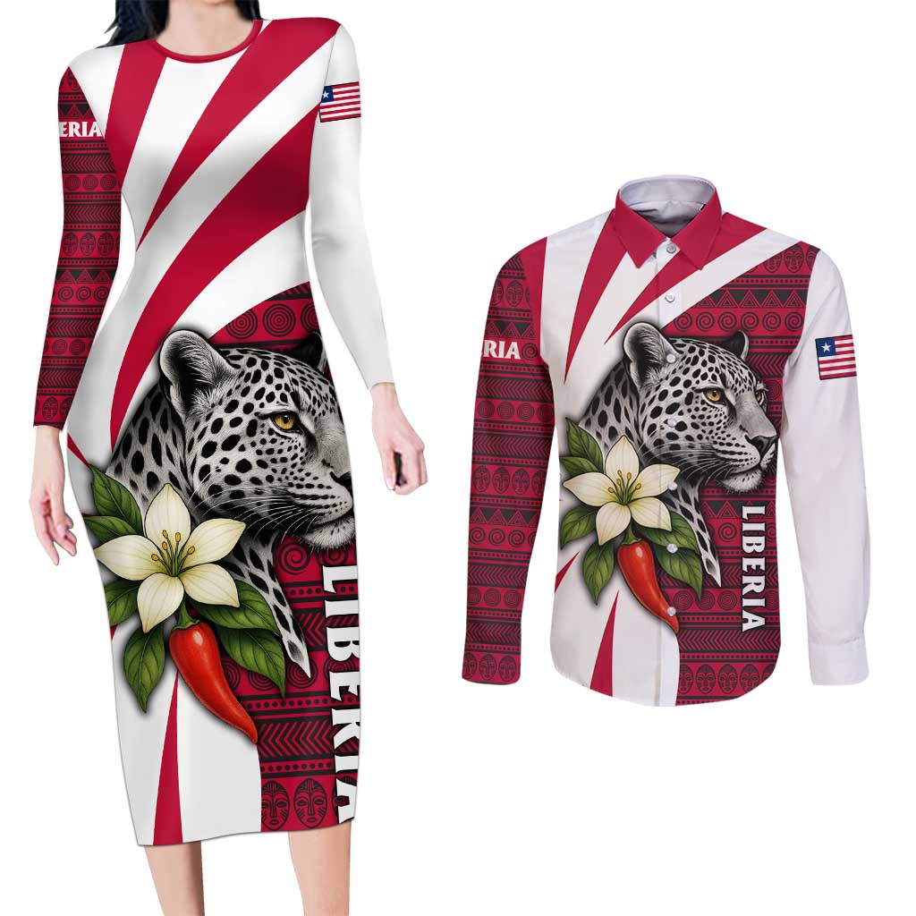 Liberia Couples Matching Long Sleeve Bodycon Dress and Long Sleeve Button Shirt with Leopard Head, White Lily, and Red Chili Tribal Design - Wonder Print Shop