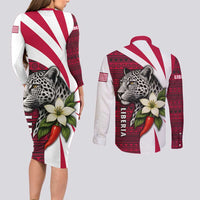 Liberia Couples Matching Long Sleeve Bodycon Dress and Long Sleeve Button Shirt with Leopard Head, White Lily, and Red Chili Tribal Design - Wonder Print Shop