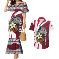 Liberia Couples Matching Mermaid Dress and Hawaiian Shirt with Leopard Head, White Lily, and Red Chili Tribal Design - Wonder Print Shop