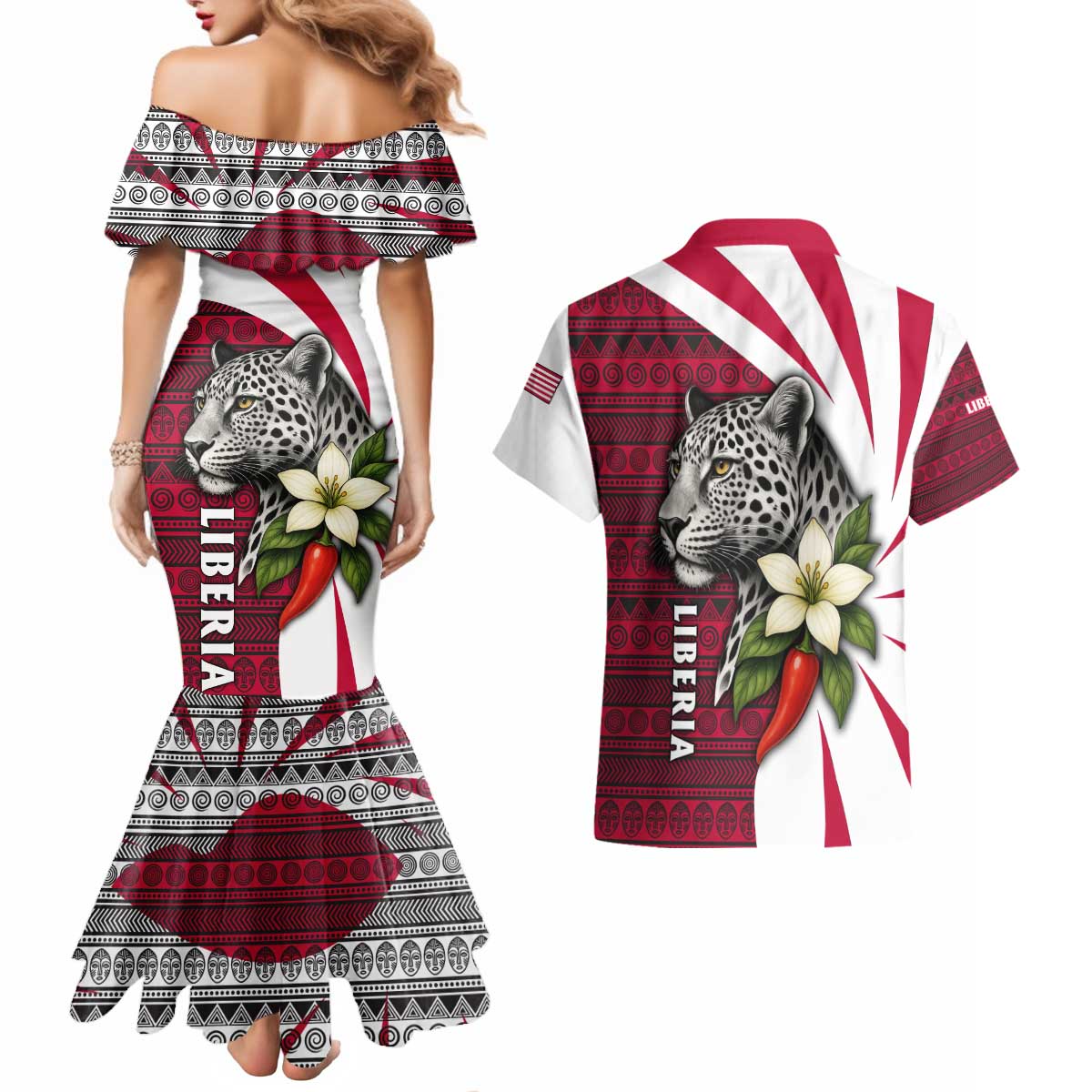 Liberia Couples Matching Mermaid Dress and Hawaiian Shirt with Leopard Head, White Lily, and Red Chili Tribal Design - Wonder Print Shop
