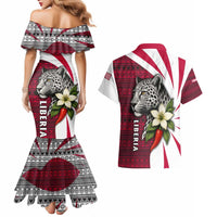 Liberia Couples Matching Mermaid Dress and Hawaiian Shirt with Leopard Head, White Lily, and Red Chili Tribal Design - Wonder Print Shop