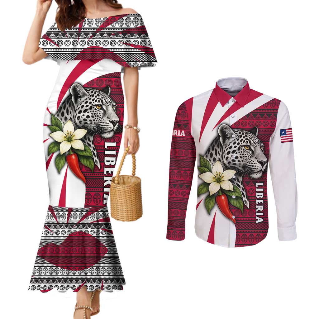 Liberia Couples Matching Mermaid Dress and Long Sleeve Button Shirt with Leopard Head, White Lily, and Red Chili Tribal Design - Wonder Print Shop