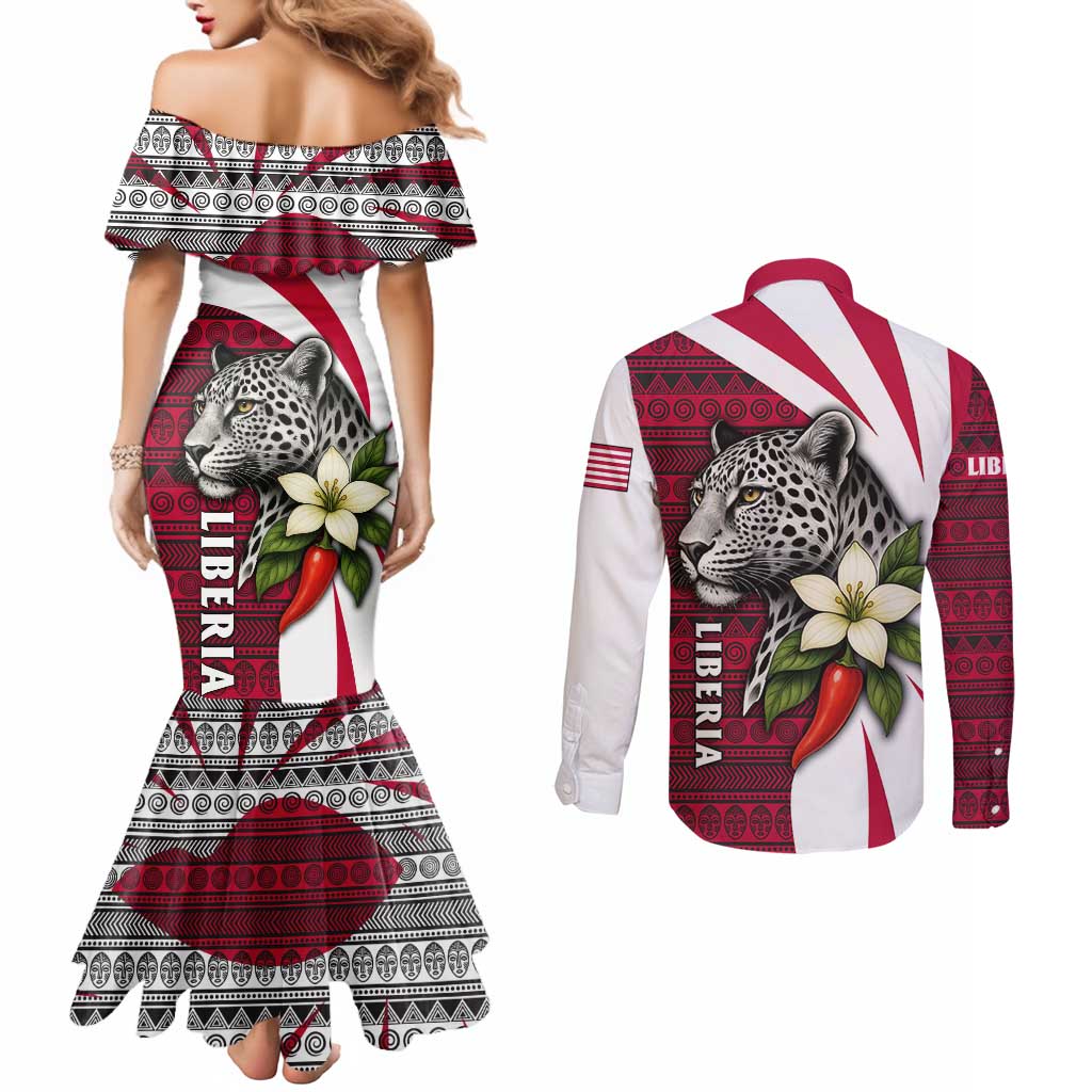 Liberia Couples Matching Mermaid Dress and Long Sleeve Button Shirt with Leopard Head, White Lily, and Red Chili Tribal Design - Wonder Print Shop