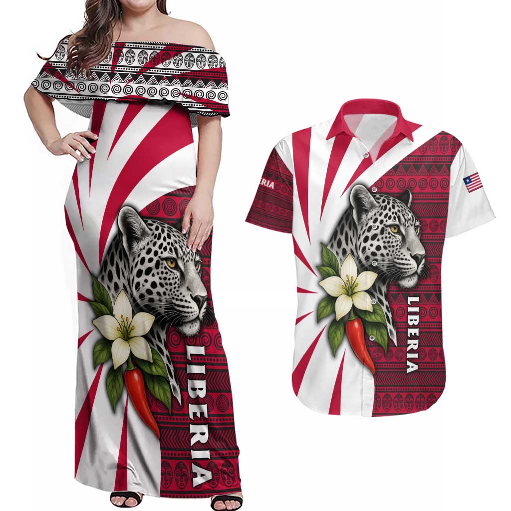 Liberia Couples Matching Off Shoulder Maxi Dress and Hawaiian Shirt with Leopard Head, White Lily, and Red Chili Tribal Design - Wonder Print Shop