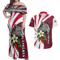 Liberia Couples Matching Off Shoulder Maxi Dress and Hawaiian Shirt with Leopard Head, White Lily, and Red Chili Tribal Design - Wonder Print Shop
