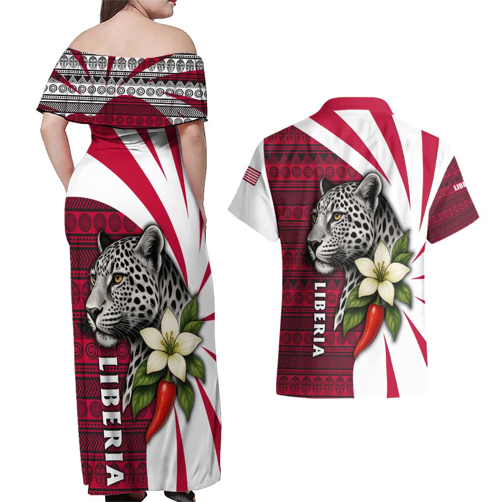 Liberia Couples Matching Off Shoulder Maxi Dress and Hawaiian Shirt with Leopard Head, White Lily, and Red Chili Tribal Design - Wonder Print Shop