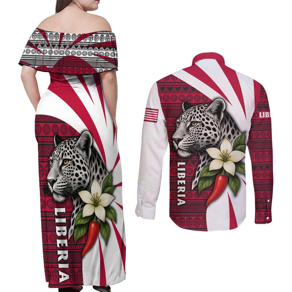 Liberia Couples Matching Off Shoulder Maxi Dress and Long Sleeve Button Shirt with Leopard Head, White Lily, and Red Chili Tribal Design - Wonder Print Shop