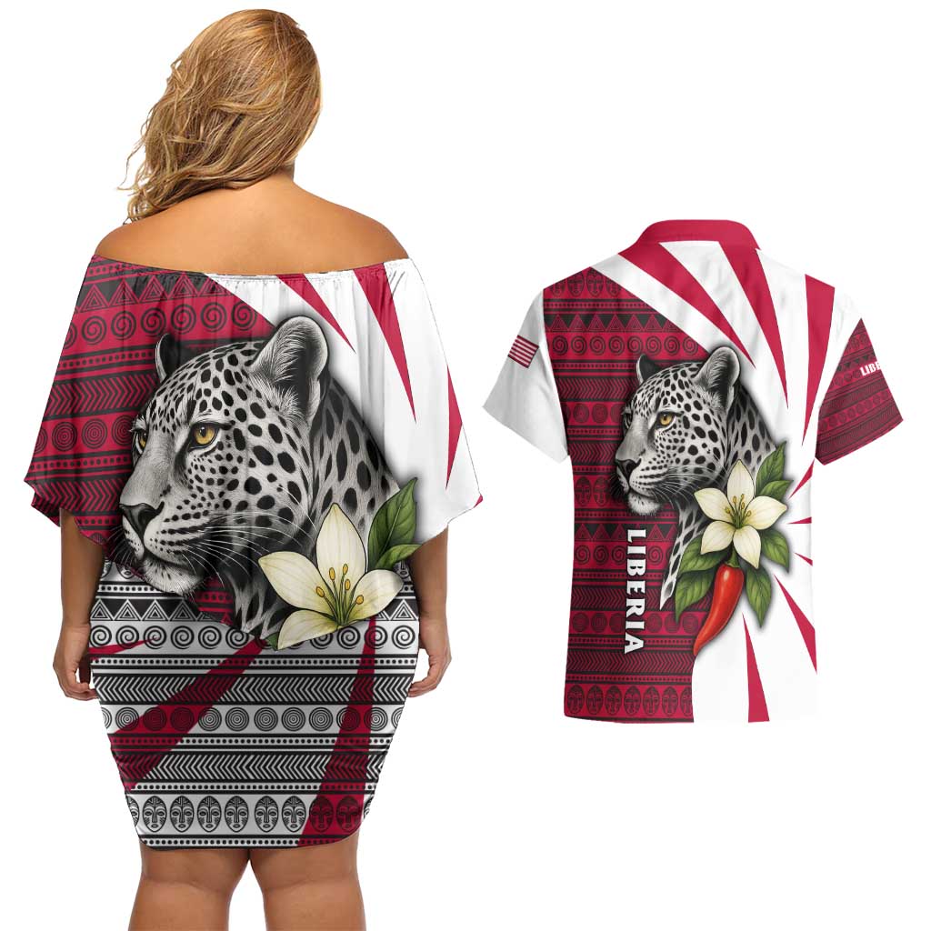 Liberia Couples Matching Off Shoulder Short Dress and Hawaiian Shirt with Leopard Head, White Lily, and Red Chili Tribal Design - Wonder Print Shop