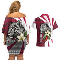 Liberia Couples Matching Off Shoulder Short Dress and Hawaiian Shirt with Leopard Head, White Lily, and Red Chili Tribal Design - Wonder Print Shop