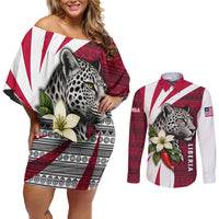Liberia Couples Matching Off Shoulder Short Dress and Long Sleeve Button Shirt with Leopard Head, White Lily, and Red Chili Tribal Design - Wonder Print Shop