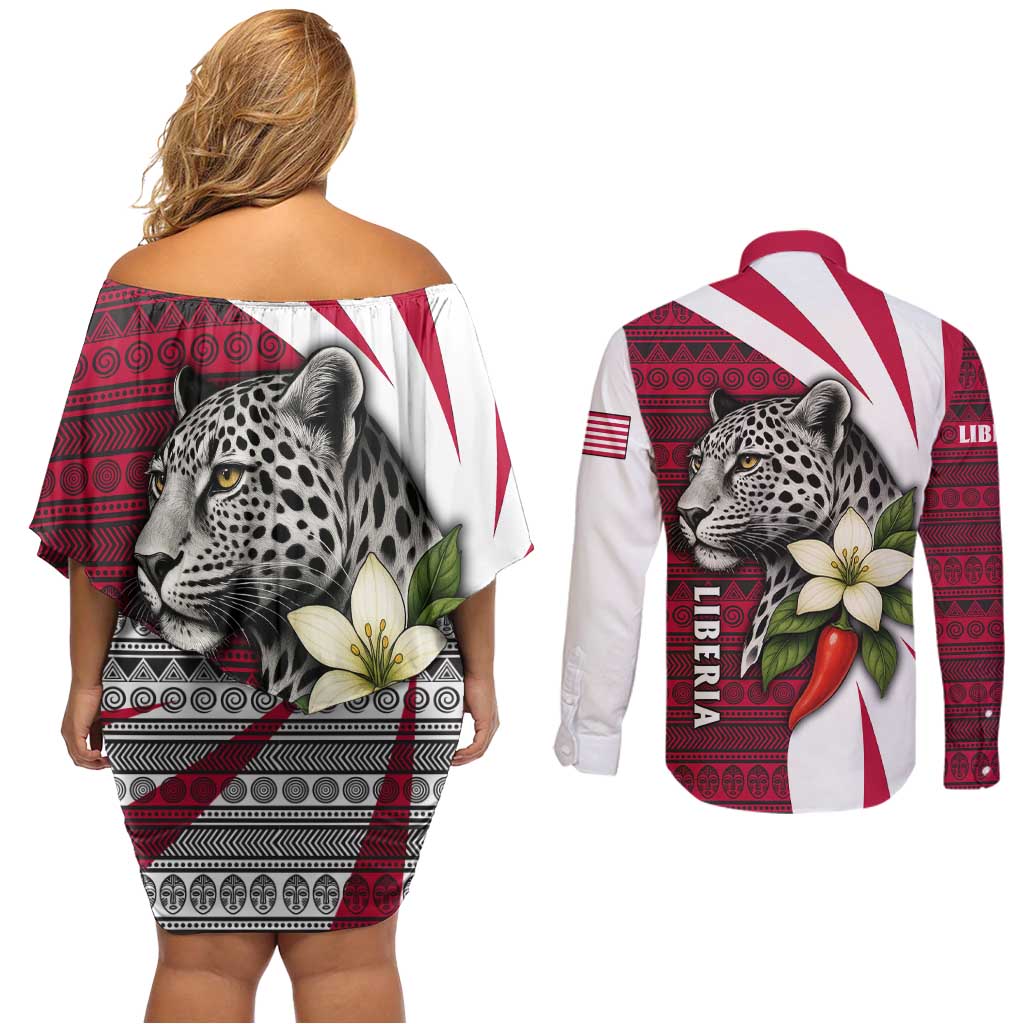 Liberia Couples Matching Off Shoulder Short Dress and Long Sleeve Button Shirt with Leopard Head, White Lily, and Red Chili Tribal Design - Wonder Print Shop