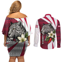 Liberia Couples Matching Off Shoulder Short Dress and Long Sleeve Button Shirt with Leopard Head, White Lily, and Red Chili Tribal Design - Wonder Print Shop