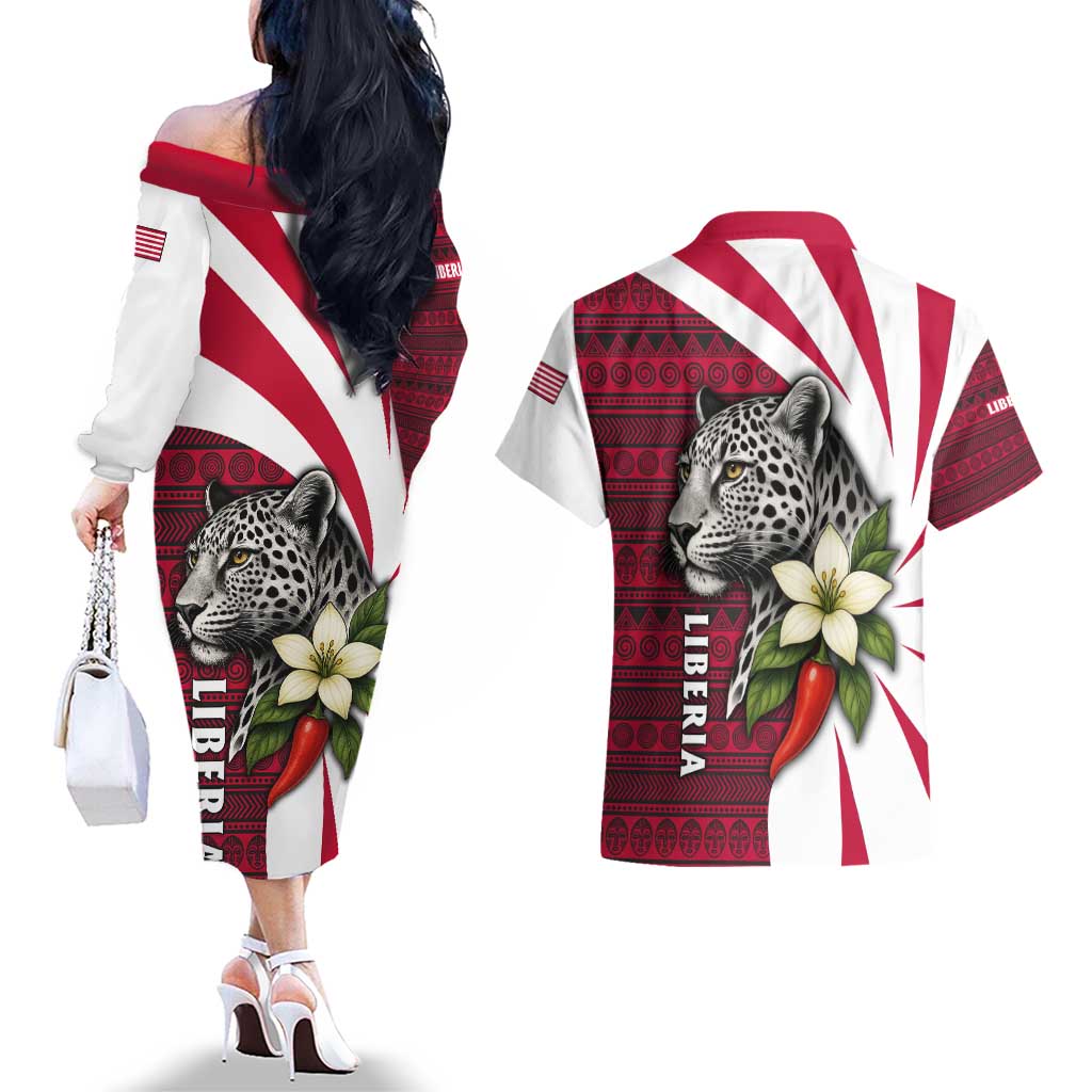 Liberia Couples Matching Off The Shoulder Long Sleeve Dress and Hawaiian Shirt with Leopard Head, White Lily, and Red Chili Tribal Design - Wonder Print Shop