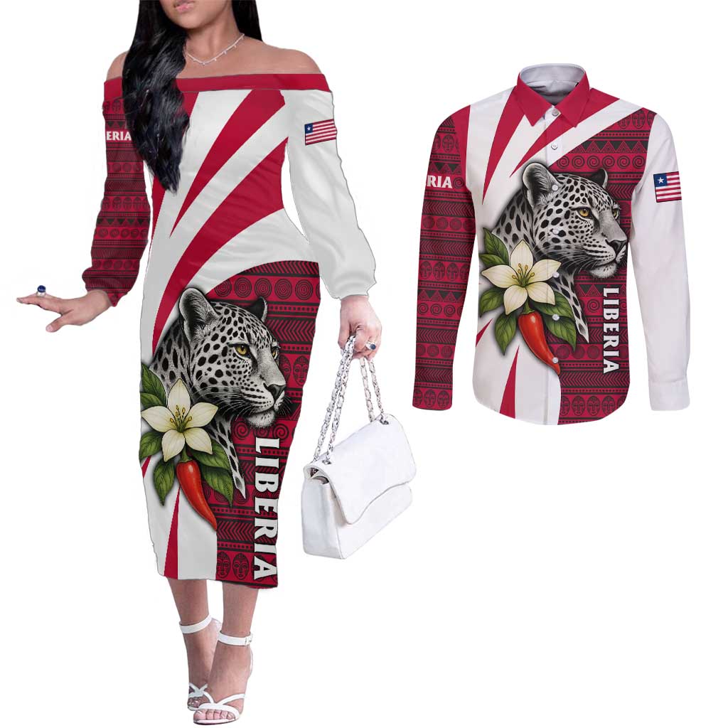 Liberia Couples Matching Off The Shoulder Long Sleeve Dress and Long Sleeve Button Shirt with Leopard Head, White Lily, and Red Chili Tribal Design - Wonder Print Shop