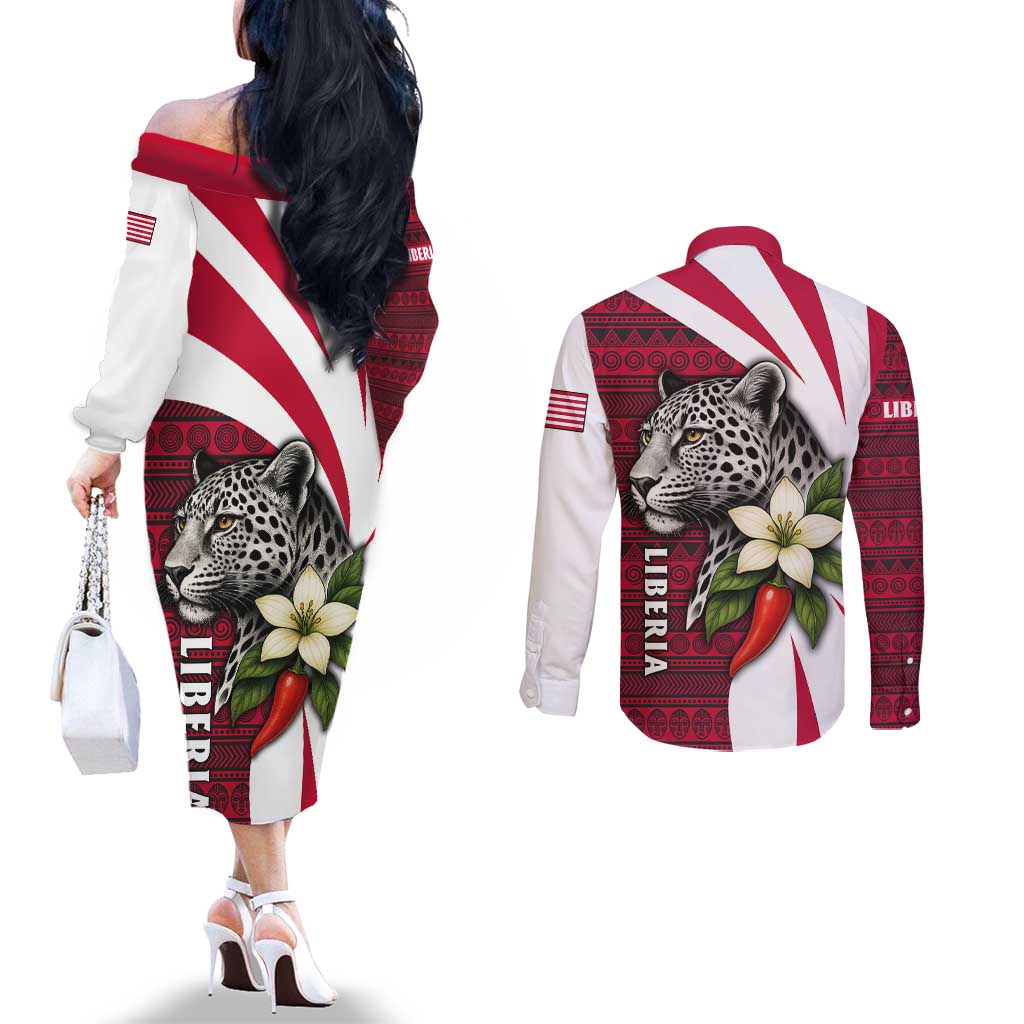Liberia Couples Matching Off The Shoulder Long Sleeve Dress and Long Sleeve Button Shirt with Leopard Head, White Lily, and Red Chili Tribal Design - Wonder Print Shop