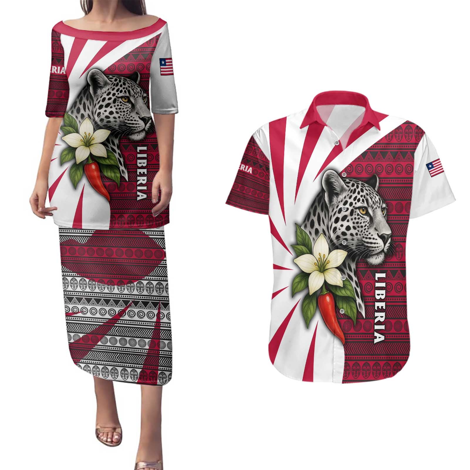 Liberia Couples Matching Puletasi and Hawaiian Shirt with Leopard Head, White Lily, and Red Chili Tribal Design - Wonder Print Shop