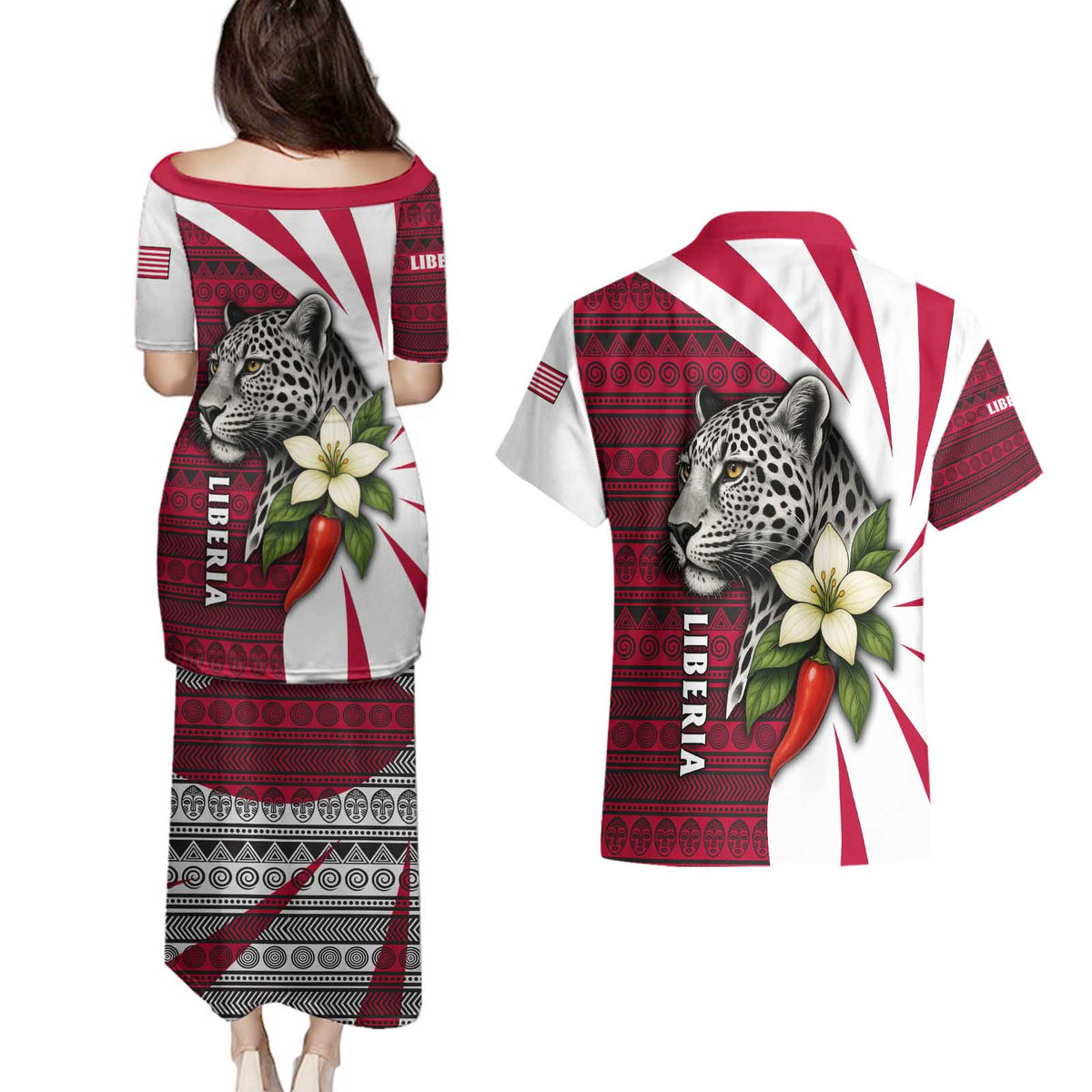 Liberia Couples Matching Puletasi and Hawaiian Shirt with Leopard Head, White Lily, and Red Chili Tribal Design - Wonder Print Shop