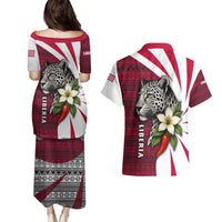 Liberia Couples Matching Puletasi and Hawaiian Shirt with Leopard Head, White Lily, and Red Chili Tribal Design - Wonder Print Shop