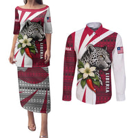Liberia Couples Matching Puletasi and Long Sleeve Button Shirt with Leopard Head, White Lily, and Red Chili Tribal Design - Wonder Print Shop