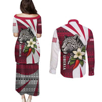 Liberia Couples Matching Puletasi and Long Sleeve Button Shirt with Leopard Head, White Lily, and Red Chili Tribal Design - Wonder Print Shop