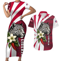 Liberia Couples Matching Short Sleeve Bodycon Dress and Hawaiian Shirt with Leopard Head, White Lily, and Red Chili Tribal Design - Wonder Print Shop