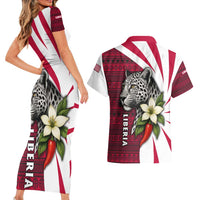 Liberia Couples Matching Short Sleeve Bodycon Dress and Hawaiian Shirt with Leopard Head, White Lily, and Red Chili Tribal Design - Wonder Print Shop