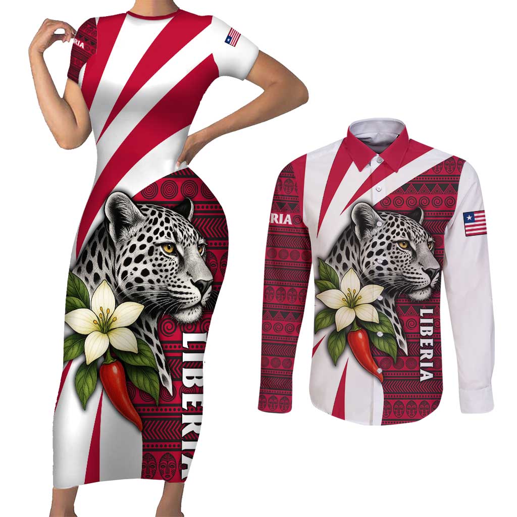 Liberia Couples Matching Short Sleeve Bodycon Dress and Long Sleeve Button Shirt with Leopard Head, White Lily, and Red Chili Tribal Design - Wonder Print Shop