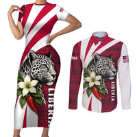 Liberia Couples Matching Short Sleeve Bodycon Dress and Long Sleeve Button Shirt with Leopard Head, White Lily, and Red Chili Tribal Design - Wonder Print Shop