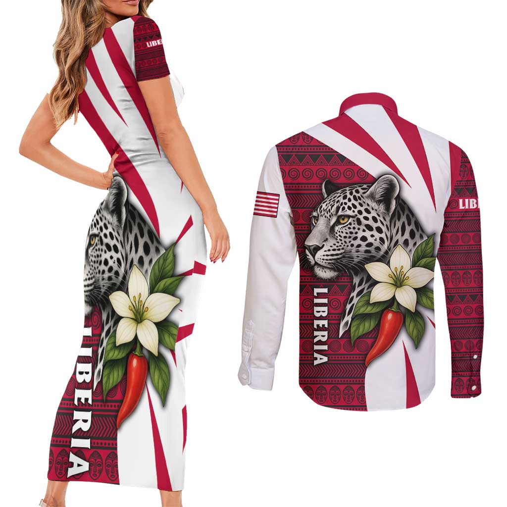 Liberia Couples Matching Short Sleeve Bodycon Dress and Long Sleeve Button Shirt with Leopard Head, White Lily, and Red Chili Tribal Design - Wonder Print Shop