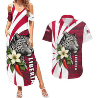 Liberia Couples Matching Summer Maxi Dress and Hawaiian Shirt with Leopard Head, White Lily, and Red Chili Tribal Design - Wonder Print Shop