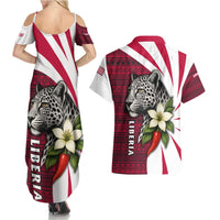Liberia Couples Matching Summer Maxi Dress and Hawaiian Shirt with Leopard Head, White Lily, and Red Chili Tribal Design - Wonder Print Shop