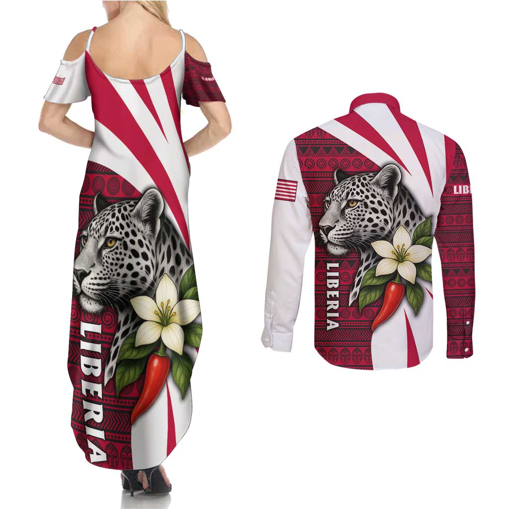 Liberia Couples Matching Summer Maxi Dress and Long Sleeve Button Shirt with Leopard Head, White Lily, and Red Chili Tribal Design - Wonder Print Shop