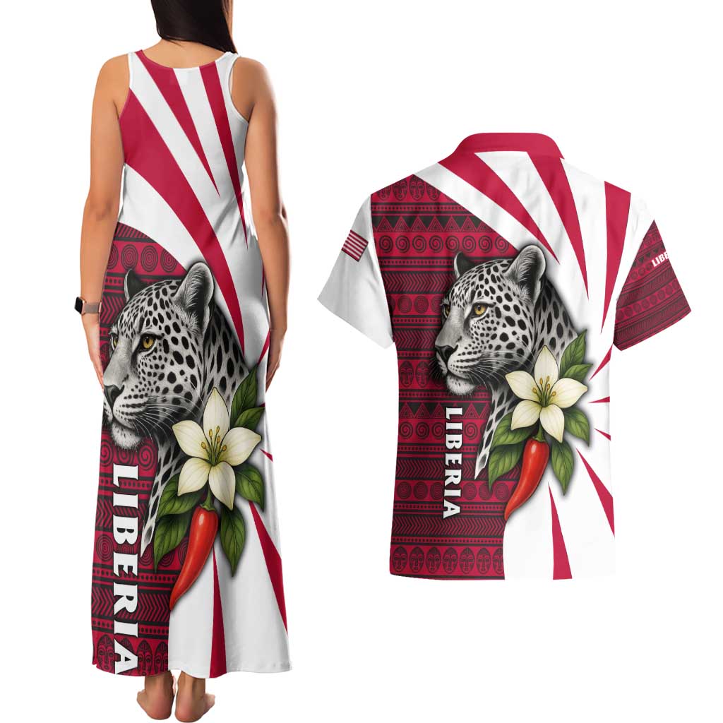 Liberia Couples Matching Tank Maxi Dress and Hawaiian Shirt with Leopard Head, White Lily, and Red Chili Tribal Design - Wonder Print Shop