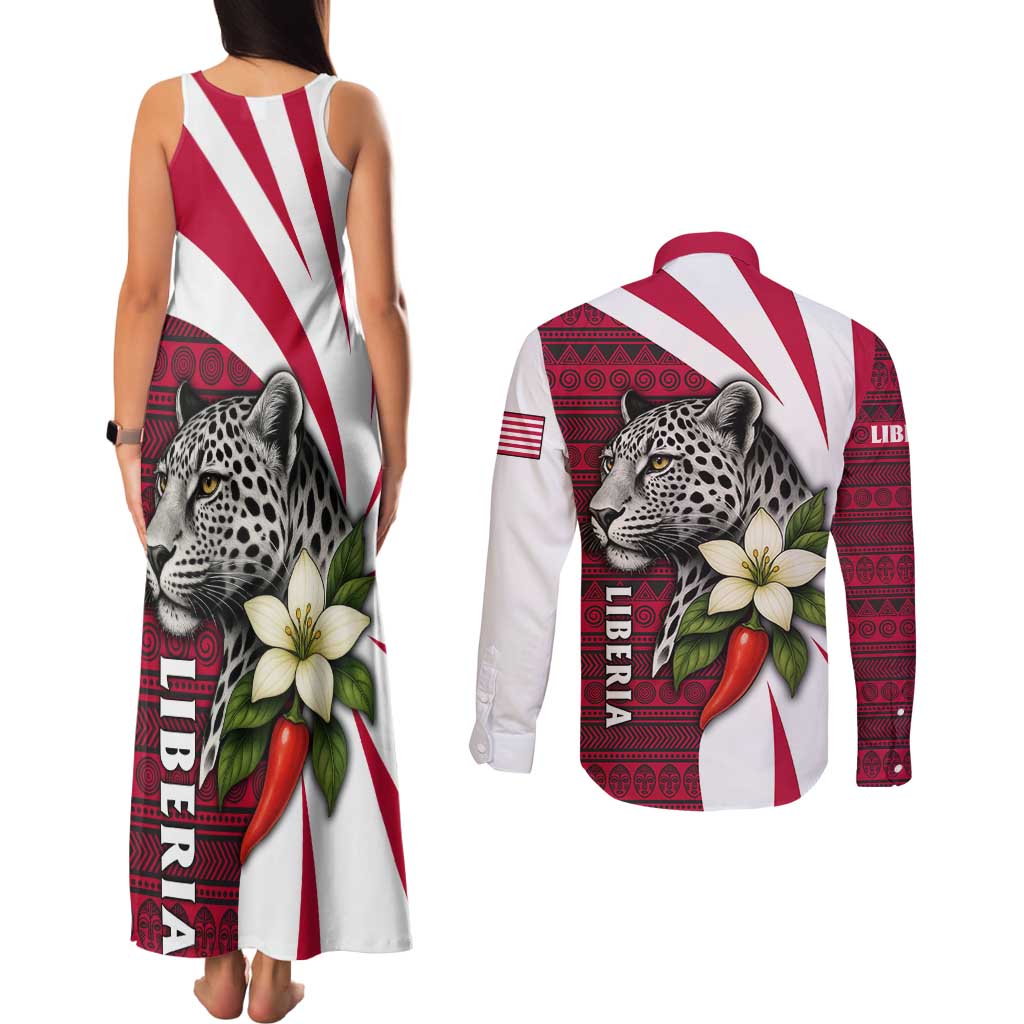 Liberia Couples Matching Tank Maxi Dress and Long Sleeve Button Shirt with Leopard Head, White Lily, and Red Chili Tribal Design - Wonder Print Shop