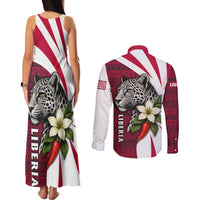 Liberia Couples Matching Tank Maxi Dress and Long Sleeve Button Shirt with Leopard Head, White Lily, and Red Chili Tribal Design - Wonder Print Shop