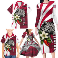 Liberia Family Matching Long Sleeve Bodycon Dress and Hawaiian Shirt with Leopard Head, White Lily, and Red Chili Tribal Design - Wonder Print Shop